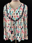 Crown & Ivy Top Blouse Size M 3/4 Bell Sleeve Guitars Tassel Neck Rayon. Fixed Price $17.99.